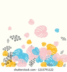 Tropical background with monstera leaves in pastel colors. Blue, pink and yellow leaves.