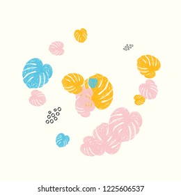 Tropical background with monstera leaves in pastel colors. Blue, pink and yellow leaves.