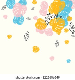 Tropical background with monstera leaves in pastel colors. Blue, pink and yellow leaves.