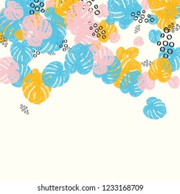 Tropical background with monstera leaves in pastel colors. Blue, pink and yellow leaves.