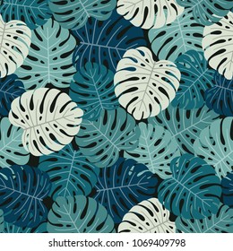 Tropical background with monstera leaves. Seamless floral pattern. Summer vector illustration