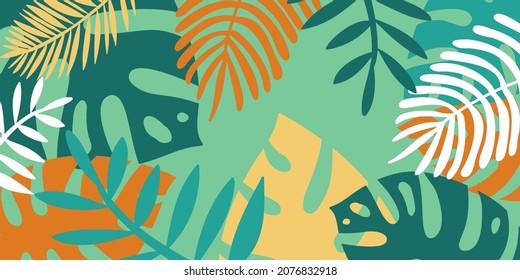Tropical background, monstera palm leaf leaflet for design. Composition of tropical leaves