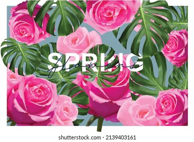 tropical background. more greenery. pink roses and monstera leaf