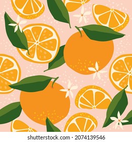 fondo tropical con naranjas. naranjas redondas, flor dibujada a mano y rodajas de hojas. patrón cítrico para la impresión en tela, carteles y cubiertas.