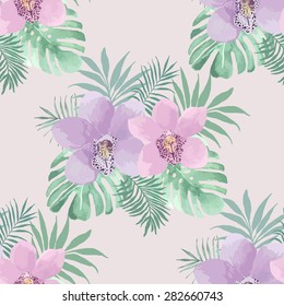 Tropical background with orchid flowers and palm leaves. Seamless watercolor pattern, vector.