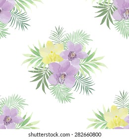 Tropical background with orchid flowers and palm leaves. Seamless watercolor pattern, vector.