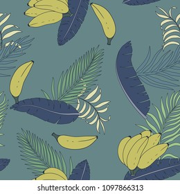 Tropical background with palm leaves and bananas. Seamless floral pattern. Summer vector illustration