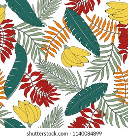 Tropical background with palm leaves and bananas. Seamless floral pattern. Summer vector illustration