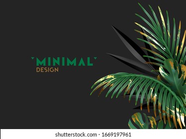 Tropical background with palm leaves in black color realistic 3d. Modern Minimal Design. vector illustration