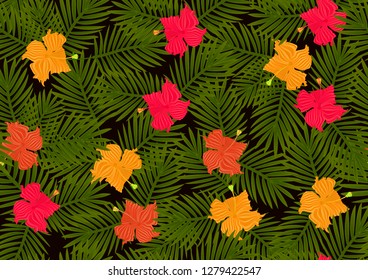Tropical background of palm leaves and exotic flowers. Vector illustration with jungle plants