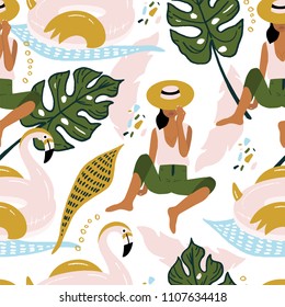 Tropical background with palm leaves, flamingo and girl. Seamless floral pattern. Summer vector illustration