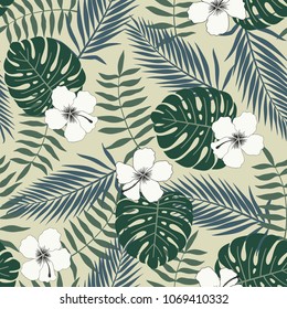 Tropical background with palm leaves and flowers. Seamless floral pattern. Summer vector illustration