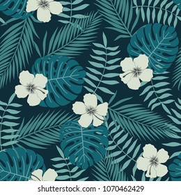 Tropical background with palm leaves and flowers. Seamless floral pattern. Summer vector illustration