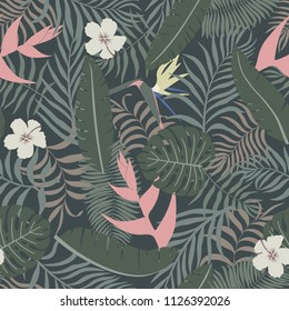 Tropical background with palm leaves and flowers. Seamless floral pattern. Summer vector illustration