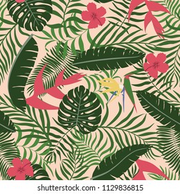 Tropical background with palm leaves and flowers. Seamless floral pattern. Summer vector illustration