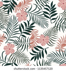 Tropical background with palm leaves and flowers. Seamless floral pattern. Summer vector illustration