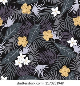 Tropical background with palm leaves and flowers. Seamless floral pattern. Summer vector illustration. Flat jungle print