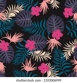 Tropical background with palm leaves and flowers. Seamless floral pattern. Summer vector illustration. Flat jungle print