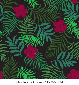 Tropical background with palm leaves and flowers. Seamless floral pattern. Summer vector illustration. Flat jungle print