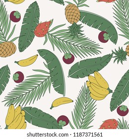 Tropical background with palm leaves and fruits. Seamless floral pattern. Summer vector illustration. Flat jungle print