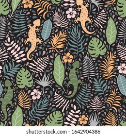 Tropical background with palm leaves and gecko lizards. Seamless floral pattern. Summer vector illustration. Flat jungle print