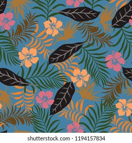 Tropical background with palm leaves and hibiscus flowers. Seamless floral pattern. Summer vector illustration. Flat jungle print