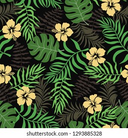 Tropical background with palm leaves and hibiscus flowers. Seamless floral pattern. Summer vector illustration. Flat jungle print