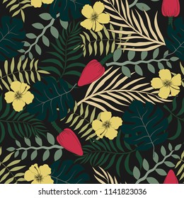Tropical background with palm leaves, hibiscuses and banana flowers. Seamless floral pattern. Summer vector illustration