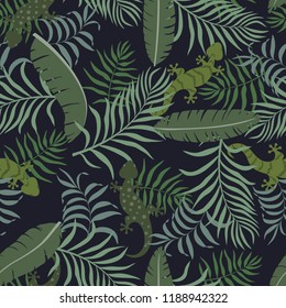 Tropical background with palm leaves and lizards. Seamless floral pattern. Summer vector illustration. Flat jungle print