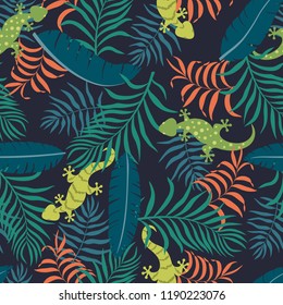 Tropical background with palm leaves and lizards. Seamless floral pattern. Exotic vector illustration. Flat jungle print