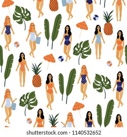 Tropical background with palm leaves, pineapple and girl. Seamless floral pattern. Summer vector illustration