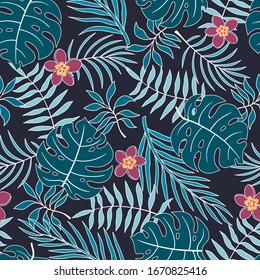 Tropical background with palm leaves and plumeria flowers. Seamless floral pattern. Summer vector illustration. Flat jungle print