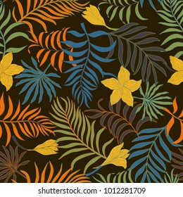 Tropical background with palm leaves. Seamless floral pattern. Summer vector illustration. Retro style