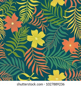 Tropical background with palm leaves. Seamless floral pattern. Summer vector illustration. Retro style