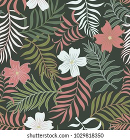 Tropical background with palm leaves. Seamless floral pattern. Summer vector illustration. Vintage style