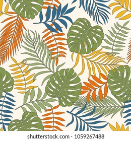 Tropical background with palm leaves. Seamless floral pattern. Summer vector illustration