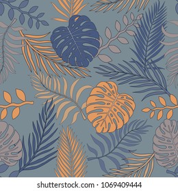 Tropical background with palm leaves. Seamless floral pattern. Summer vector illustration