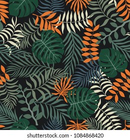 Tropical background with palm leaves. Seamless floral pattern. Summer vector illustration