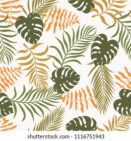 Tropical background with palm leaves. Seamless floral pattern. Summer vector illustration