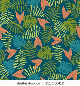 Tropical background with palm leaves. Seamless floral pattern. Summer vector illustration