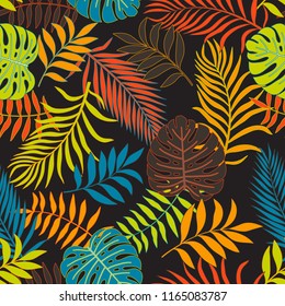 Tropical background with palm leaves. Seamless floral pattern. Summer colorful vector illustration