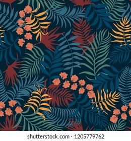 Tropical background with palm leaves. Seamless floral pattern. Summer vector illustration. Flat jungle print