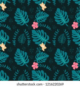Tropical background with palm leaves. Seamless floral pattern. Summer illustration. Flat jungle print