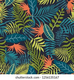 Tropical background with palm leaves. Seamless floral pattern. Summer vector illustration. Flat jungle print