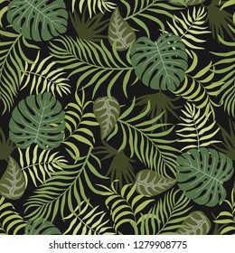 Tropical background with palm leaves. Seamless floral pattern. Summer vector illustration. Flat jungle print