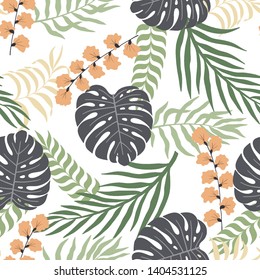Tropical background with palm leaves. Seamless floral pattern. Summer vector illustration. Flat jungle print