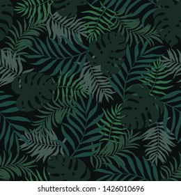 Tropical background with palm leaves. Seamless floral pattern. Summer vector illustration. Flat jungle print