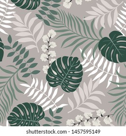 Fondo tropical con hojas de palma.Patrón floral sin soldadura. Ilustración vectorial de verano. Impresión de selva plana
