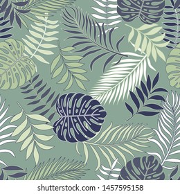 Tropical background with palm leaves. Seamless floral pattern. Summer vector illustration. Flat jungle print