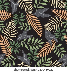 Tropical background with palm leaves. Seamless floral pattern. Summer vector illustration. Flat jungle print